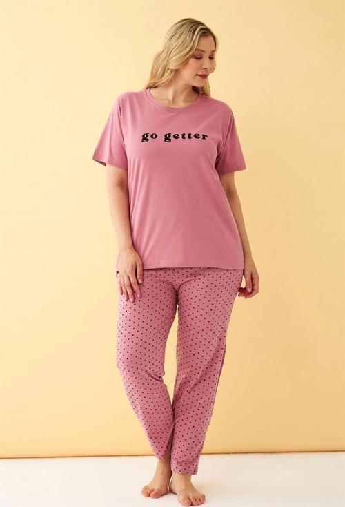 Giyim Kadın Somon Go Getter Yazılı Büyük Beden Pijama Takımı