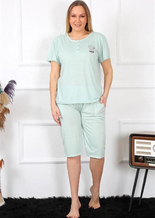Giyim Kadın Büyük Beden Viscon Su Yeşili Kapri Pijama Takım