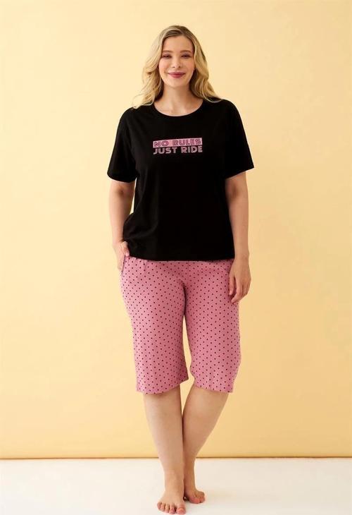 Giyim Kadın Siyah “No Rules Just Ride” Yazılı Büyük Beden Kapri Pijama Takımı