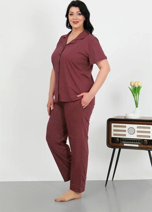 Giyim Kadın Büyük Beden Pamuklu Cepli Düğmeli Mor Pijama Takım