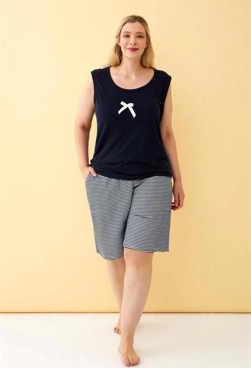 Giyim Kadın Lacivert Kurdele Detaylı Şortlu Büyük Beden Pijama Takımı
