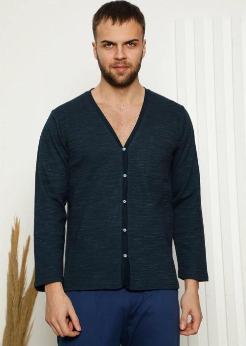 Giyim Erkek %100 Pamuk Önden Düğmeli Cepli Uzun Kollu Pijama Takımı Lacivert