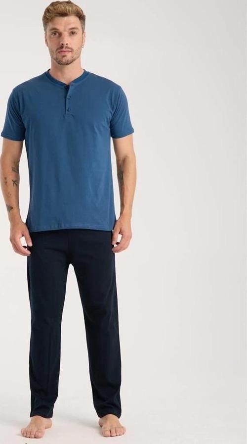 Giyim Erkek İndigo Düğmeli Yaka Kısa Kol Pijama Takımı