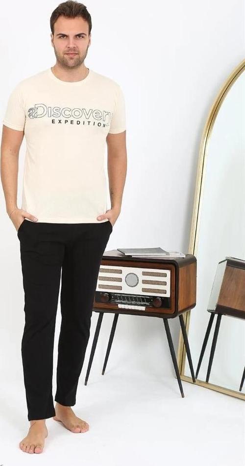 Giyim Erkek Kısa Kol Penye Pijama Takımı Krem