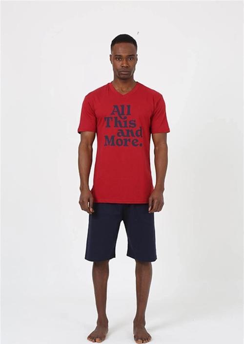 Giyim Erkek Kısa Kol Bordo Penye Şortlu Pijama Takımı