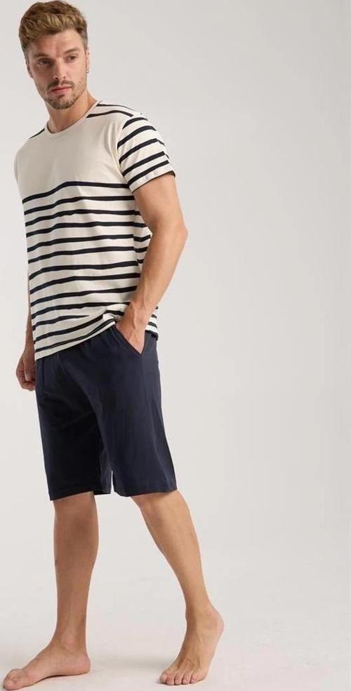 Giyim Erkek Krem Sıfır Yaka Kısa Kol Şortlu Pijama Takımı