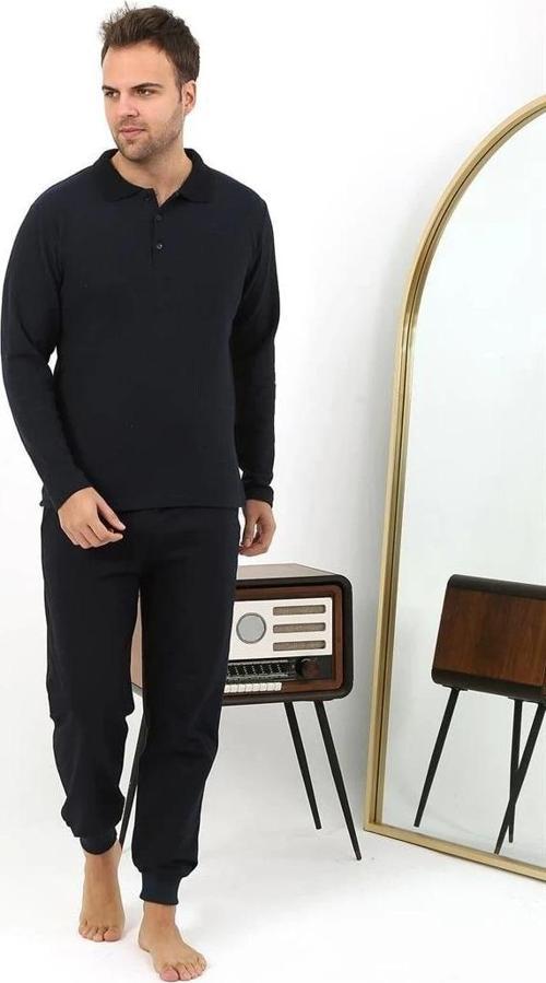 Giyim Erkek Polo Yaka Uzun Kol Penye Pijama Takımı Lacivert