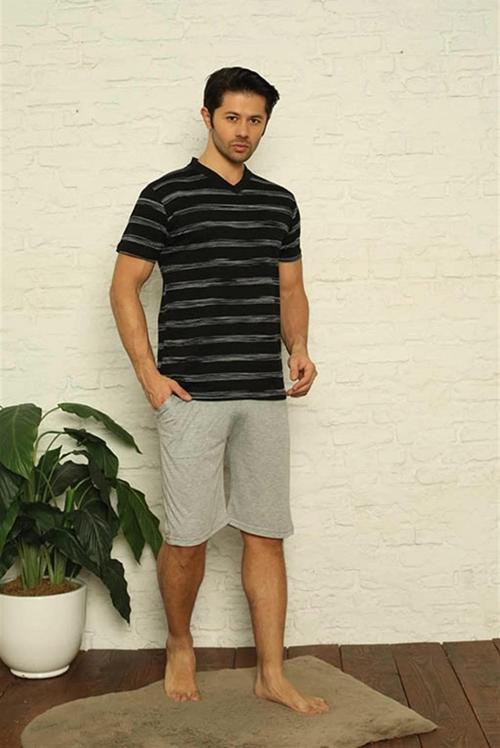 Giyim Erkek Siyah V Yaka 3'lü Pijama Takım