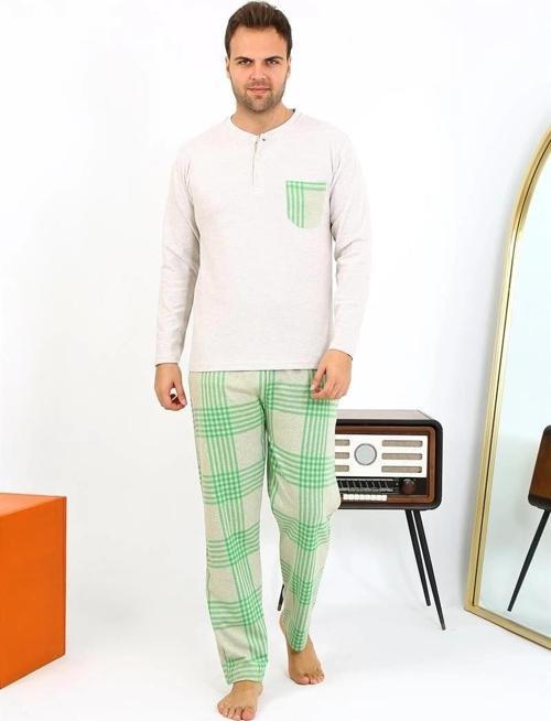 Giyim Erkek Uzun Kol Penye Krem Pijama Takımı