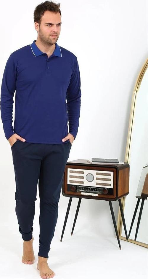 Giyim Erkek Polo Yaka Uzun Kol Penye Pijama Takımı Lacivert