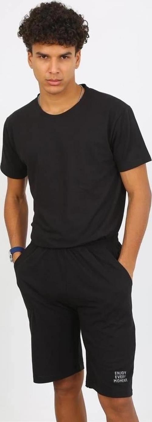 Giyim Erkek Pamuk Lakost Alt Üst Kaprili Pijama Takım Siyah