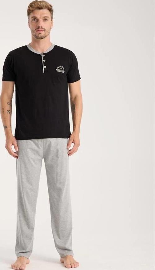 Giyim Erkek Siyah Düğmeli Yaka Kısa Kol Pijama Takımı