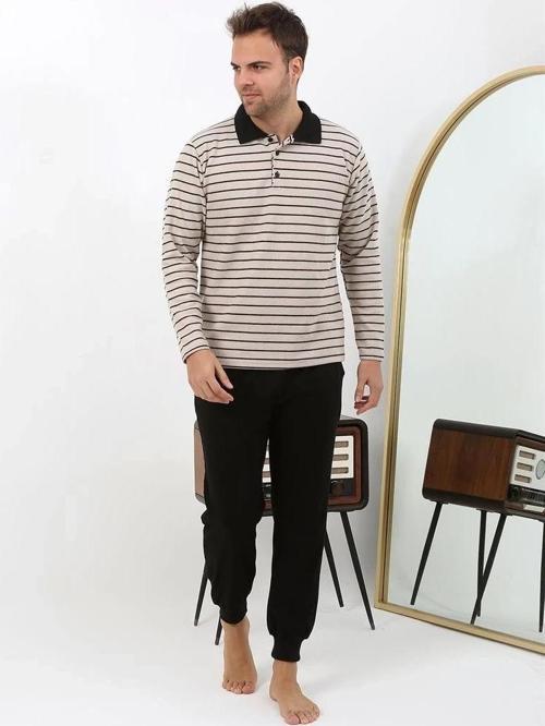 Giyim Erkek Polo Yaka Uzun Kol Penye Pijama Takımı Krem