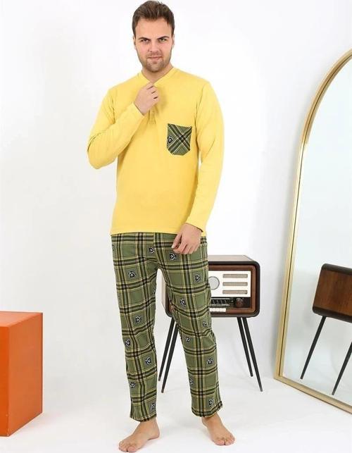 Giyim Erkek Uzun Kol Penye Sarı Pijama Takımı