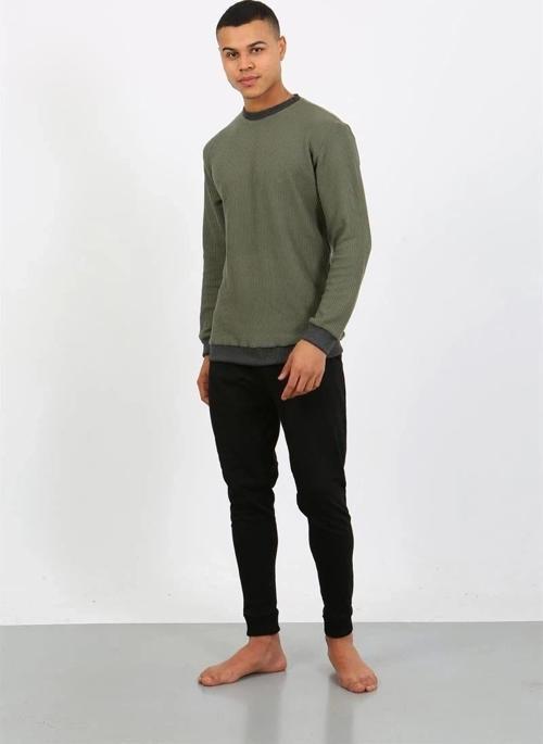 Giyim Erkek Uzun Kol Manşetli Paça Penye Pijama Takımı Haki