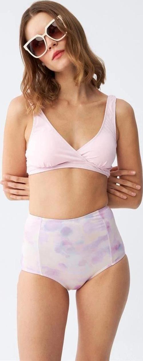 Giyim Kadın Pembe Pedli Üst ve Pastel Desenli Yüksek Bel Bikini Takımı