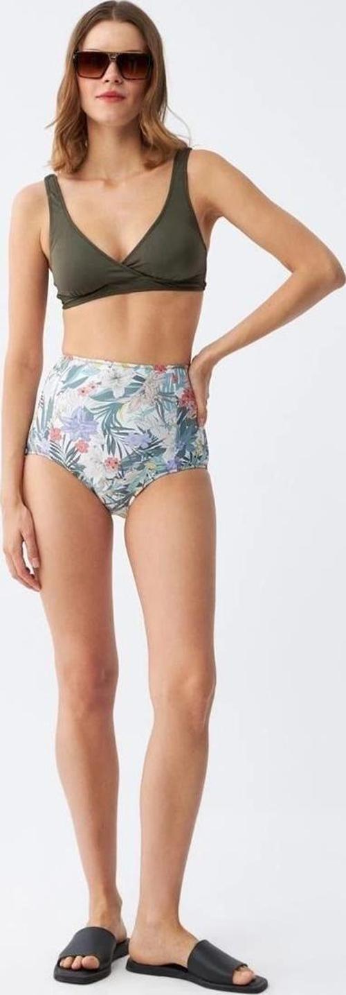 Giyim Kadın Haki Pedli Üst ve Yüksek Bel Çiçek Desenli Bikini Takımı