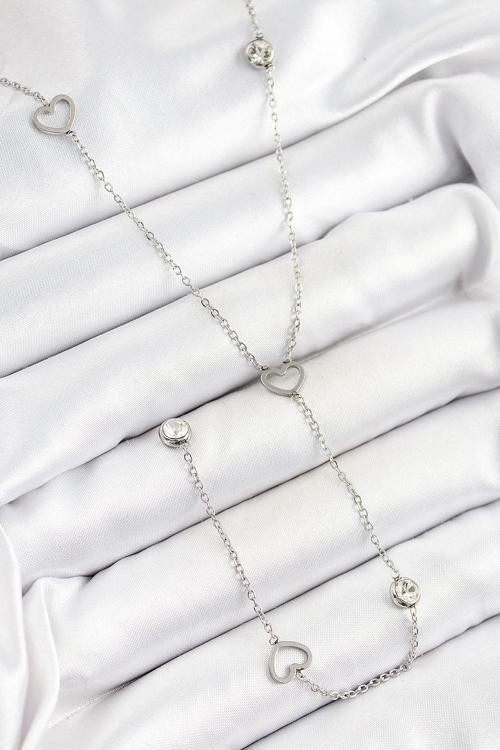 BFS 316L Çelik Zirkon Taşlı Kalp Figürlü Y Model Gümüş Renk Kadın Kolye