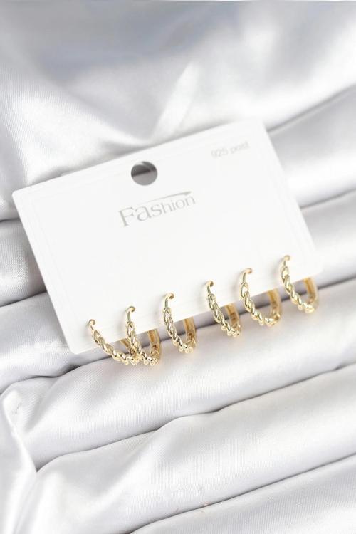 BFS Gold Renk Burgu Halka Model 925 Ayar Gümüş Çivili Pirinç Küpe Seti