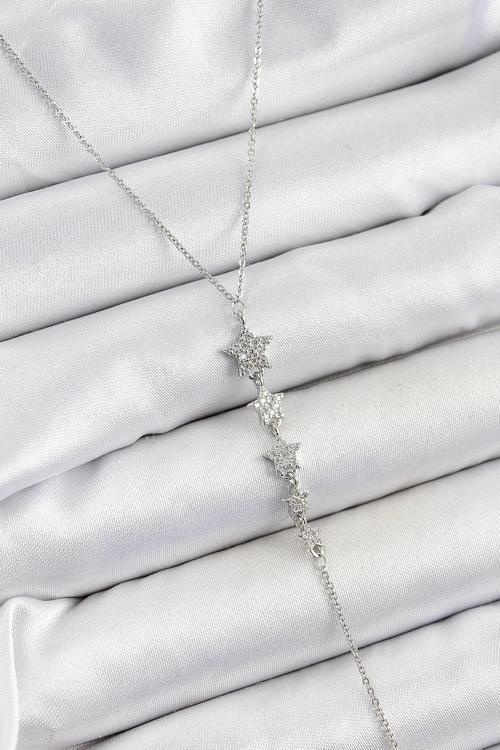 BFS Pirinç Zirkon Taşlı Sıralı Yıldız Figürlü Y Model Gümüş Renk Kadın Kolye