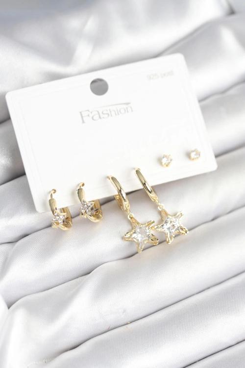 BFS Pirinç Gold Renk Yıldız Model 925 Gümüş Çivili Kadın Küpe Seti