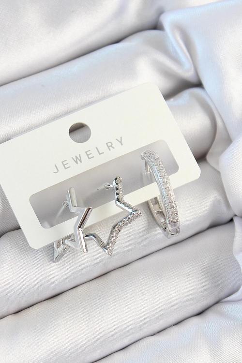 BFS Pirinç Zirkon Taşlı Yıldız Ve Halka Model Gümüş Renk 3'lü Çift Kadın Küpe Set