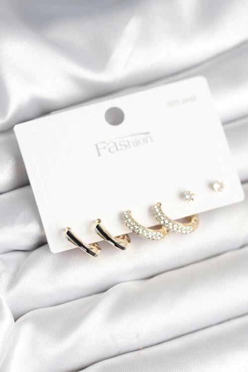 BFS Gold Renk Pirinç Zirkon Taşlı 925 Ayar Gümüş Çivili Kadın Küpe Seti