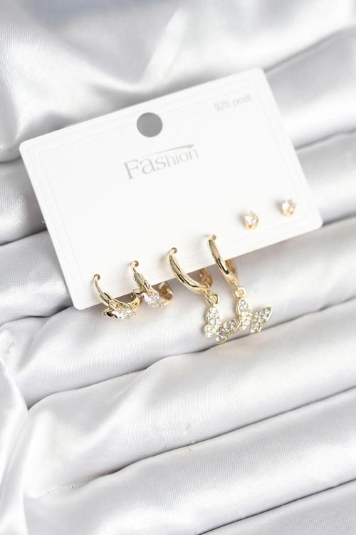 BFS Gold Renk Pirinç Kelebek Model 925 Ayar Gümüş Çivili Kadın Küpe Seti