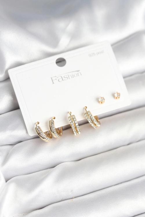 BFS Pirinç Gold Renk Zirkon Taşlı 925 Gümüş Çivili Kadın Küpe Seti