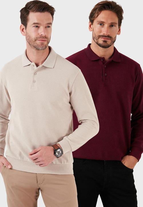 Pamuk Karışımlı Regular Fit 2'li Paket Erkek Polo Yaka Kazak 456223S2 Bej-Mürdüm