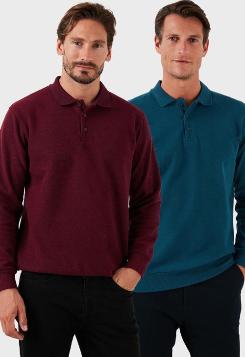 Pamuk Karışımlı Regular Fit 2'li Paket Erkek Polo Yaka Kazak 456223S2 Mürdüm-Petrol