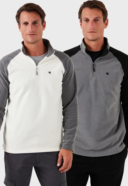 Slim Fit Yarım Fermuarlı Kışlık Şardonlu 2'li Paket Erkek Polar 5906055S2 EKRU-GRİ