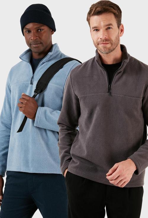 Slim Fit Yarım Fermuarlı Yumuşak Dokulu Şardonlu 2'li Paket Erkek Polar 59060011S2 Füme-Koyu Mavi