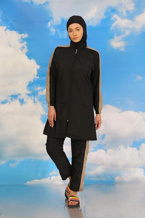 Giyim Kadın Pantolonlu Kolu Şeritli Tam Tesettür Mayo Siyah