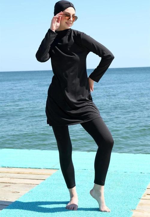 Giyim Uzun Kol Likralı Siyah Tesettür Mayo