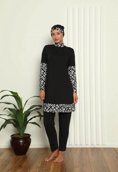 Giyim Tam Tesettür Dijital Desenli Mayo Siyah