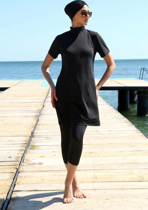 Giyim Kısa Kol Siyah Yarım Tesettür Mayo