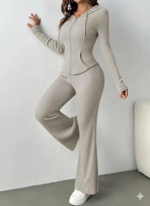 MDB Kadın Uzun Kollu Kapşonlu önden Fermuarlı Kaşkorse Bluz Ve Pantolon Ikili Takım