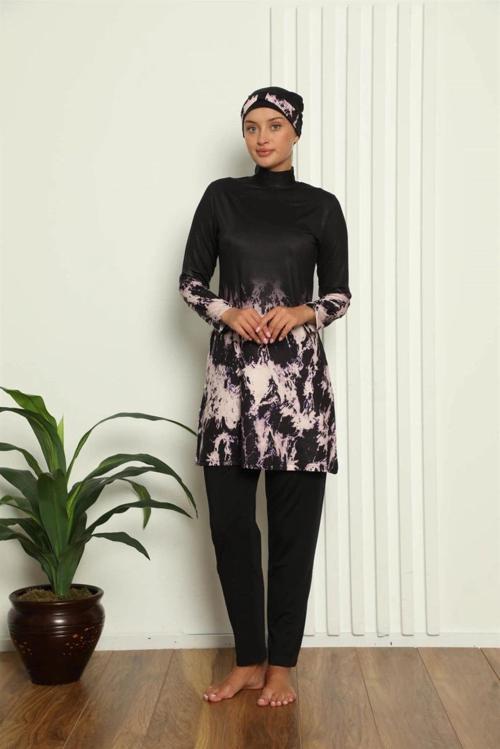 Giyim Tam Tesettür Dijital Desenli Mayo Siyah