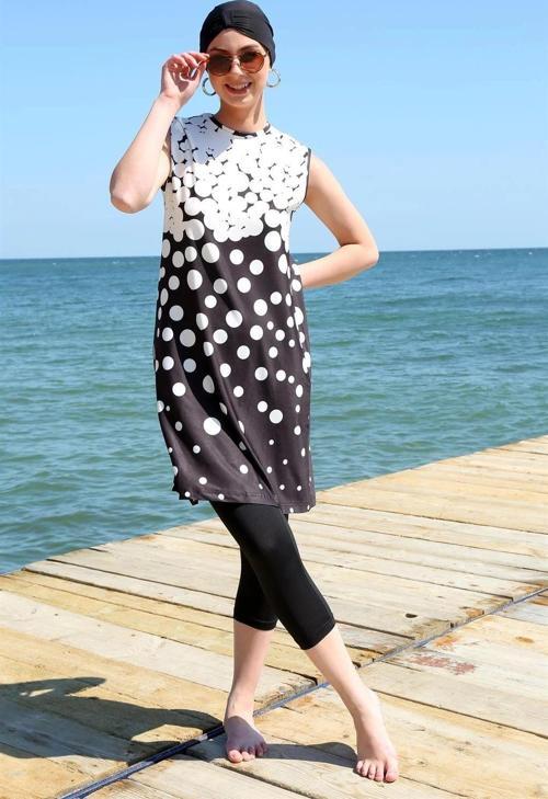 Giyim Sıfır Kol Puanlı Yarım Tesettür Mayo Siyah Peyaz Puantiye