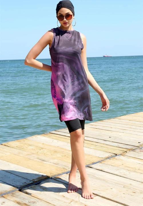 Giyim Sıfır Kol Desenli Yarım Tesettür Mayo Mor