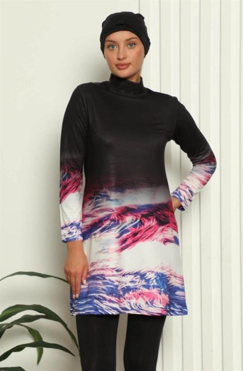 Giyim Tam Tesettür Dijital Desenli Mayo Siyah