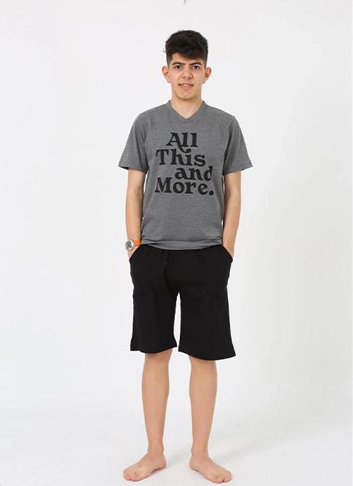 Giyim Erkek Genç Garson Boy Kısa Kol Antrasit Penye Şortlu Pijama Takımı