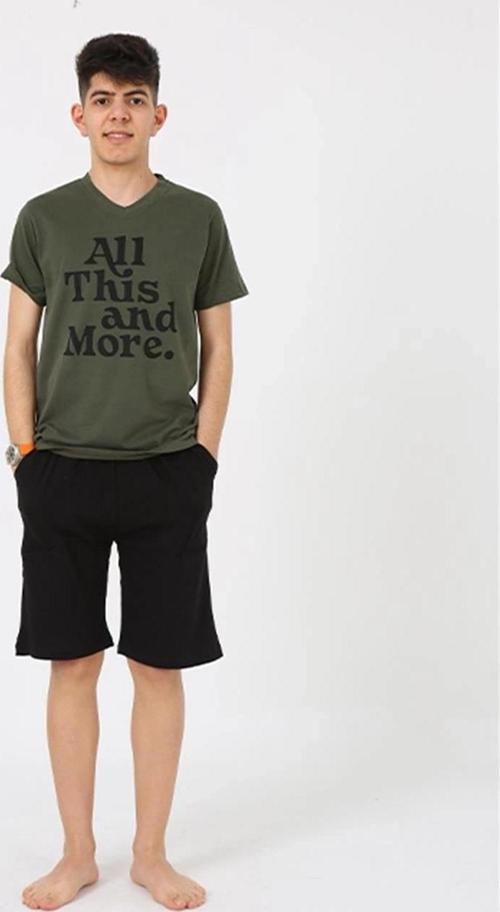 Giyim Erkek Genç Garson Boy Kısa Kol Haki Penye Şortlu Pijama Takımı