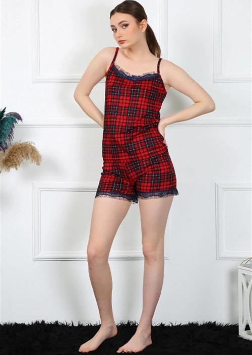 Giyim Kadın İp Askılı Ekoseli Şortlu Takım Kırmızı