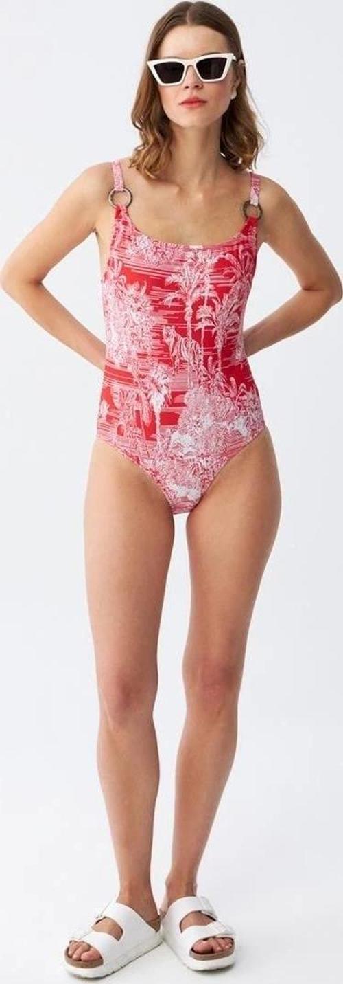 Giyim Kadın Kırmızı Tropikal Desenli Aksesuar Askılı Tek Parça Mayo