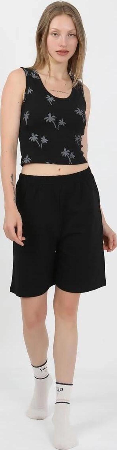 Giyim Kadın Kalın Askılı Pamuk Penye Şortlu Crop Takım Siyah