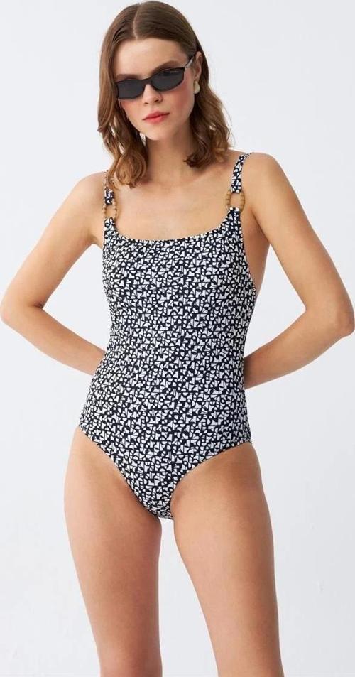 Giyim Kadın Lacivert Geometrik Desenli Aksesuar Askılı Tek Parça Mayo