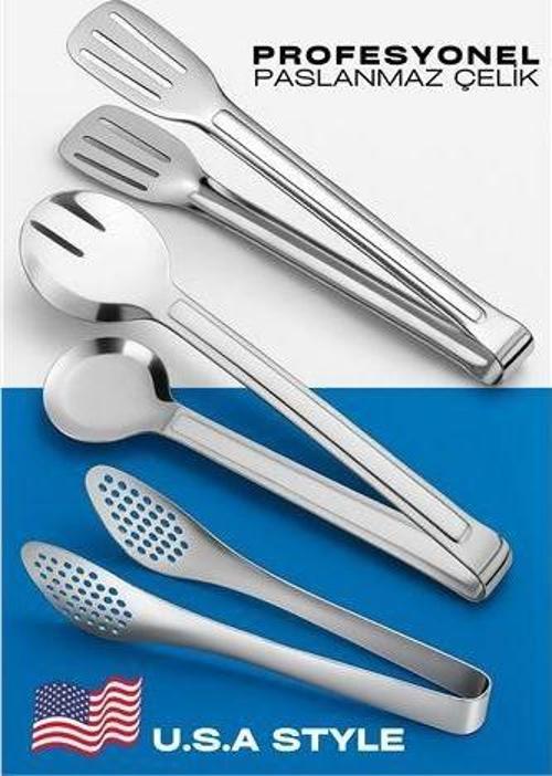 Amerikan Tip Mutfak Maşa Seti  3'lü SET 304 Paslanmaz Çelik