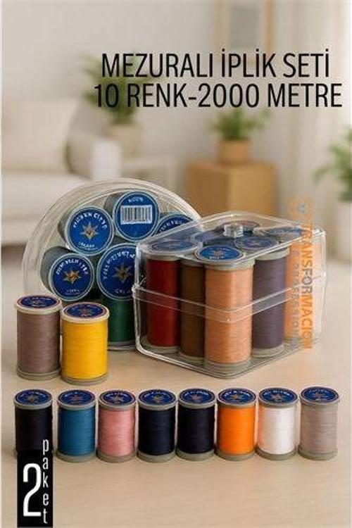 Dikiş İpliği Seti - 10 Renk 2000 Mt Kutulu Mezuralı Dikiş Seti